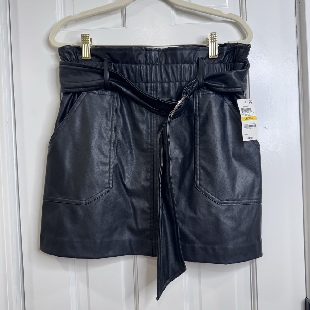 Bar III Faux Leather Mini Skirt Womens Medium Black Belted Paperbag Waist NWT